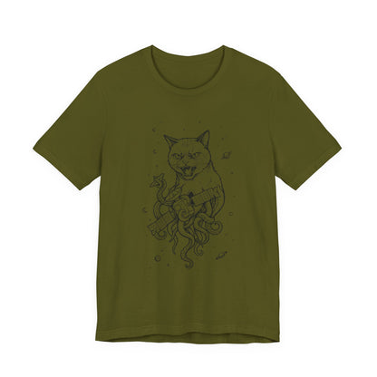 AlienCat In Space - Black Outline - Cat Kraken Illustration T-Shirt — Nautical Mythical Cat with Octopus Tentacles Tee