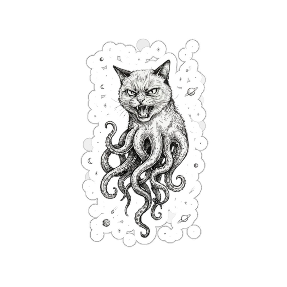 AlienCat In Space! - Die-Cut Sticker — Gothic Cat with Octopus Tentacles (Black & White Illustration)