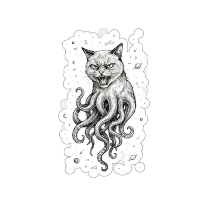 AlienCat In Space! - Die-Cut Sticker — Gothic Cat with Octopus Tentacles (Black & White Illustration)