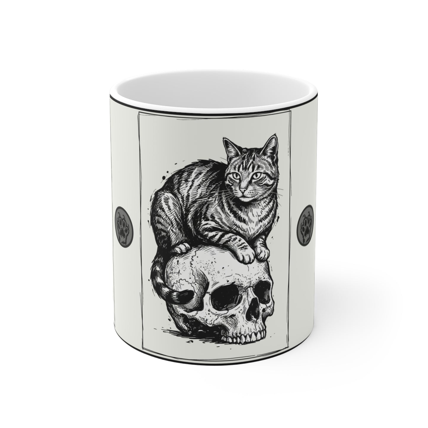 Three Cats on Skulls - 11oz Mug Ambi Handle — Gothic Cat Coffee Cup