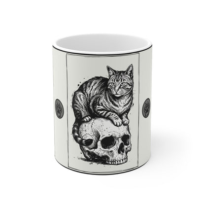 Three Cats on Skulls - 11oz Mug Ambi Handle — Gothic Cat Coffee Cup