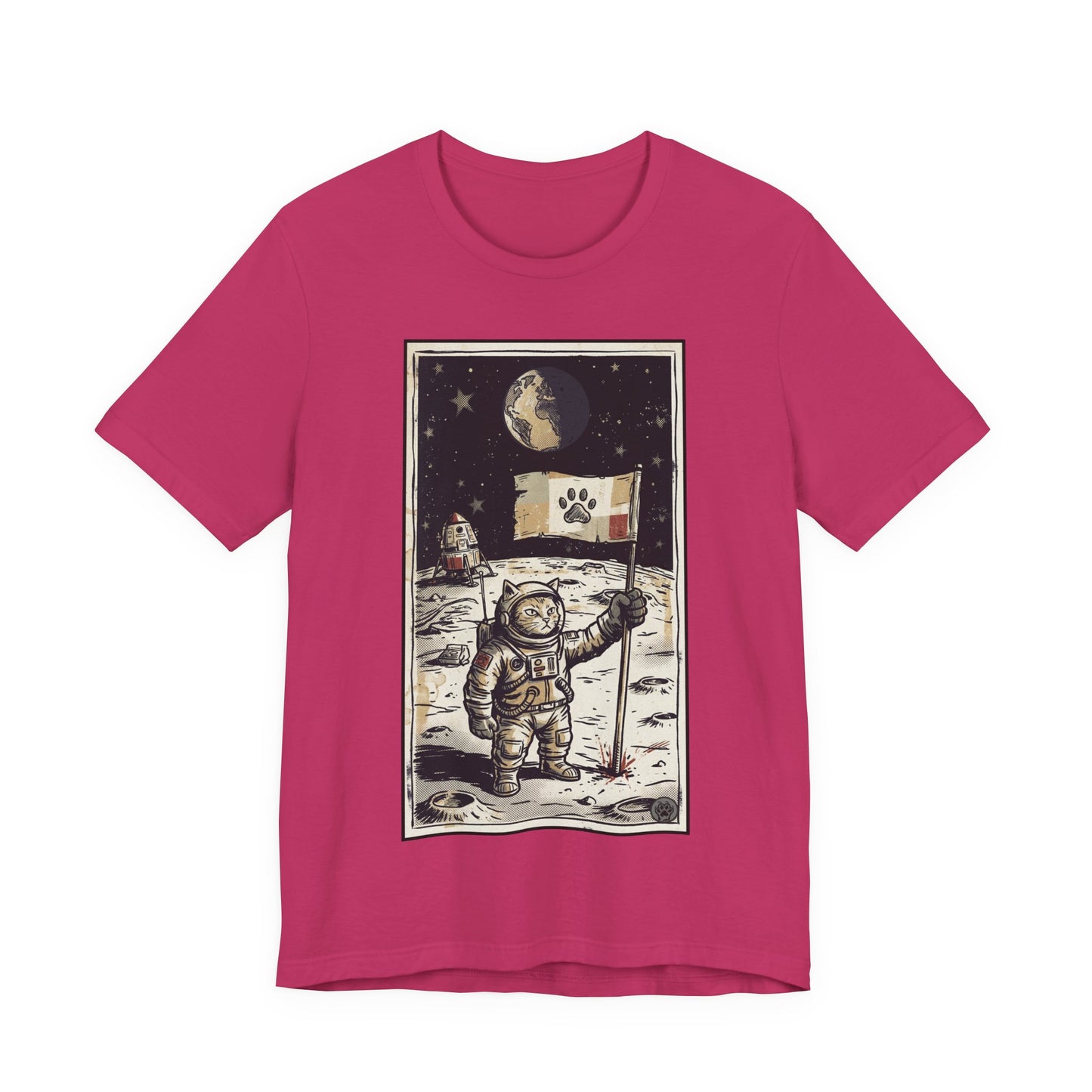 SpaceCat - Conquers The Moon! - Astronaut Cat Moon T-Shirt — Vintage Styled Space Kitty Flag Tee