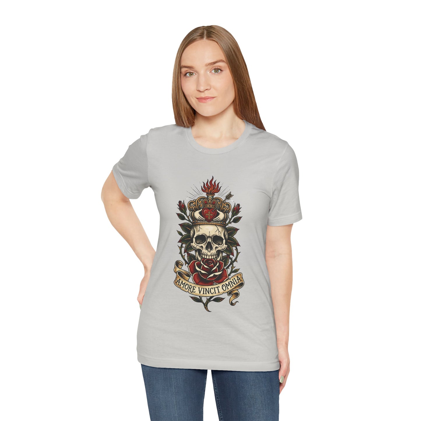 Skull Claddagh Crown Classic Tattoo Tee – "Amore Vincit Omnia" Vintage Gothic Graphic T‑Shirt