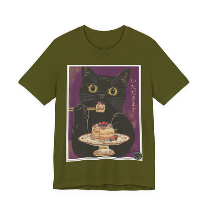 Ramen Cat - Finally Gets Some Cake!  Cute Funny T‑Shirt — Japanese Kawaii Black Cat Enjoying Dessert