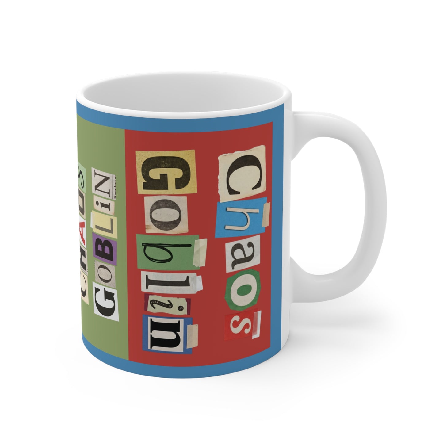 Chaos Goblin Mug — Funny Ransom-Note Style Coffee Cup