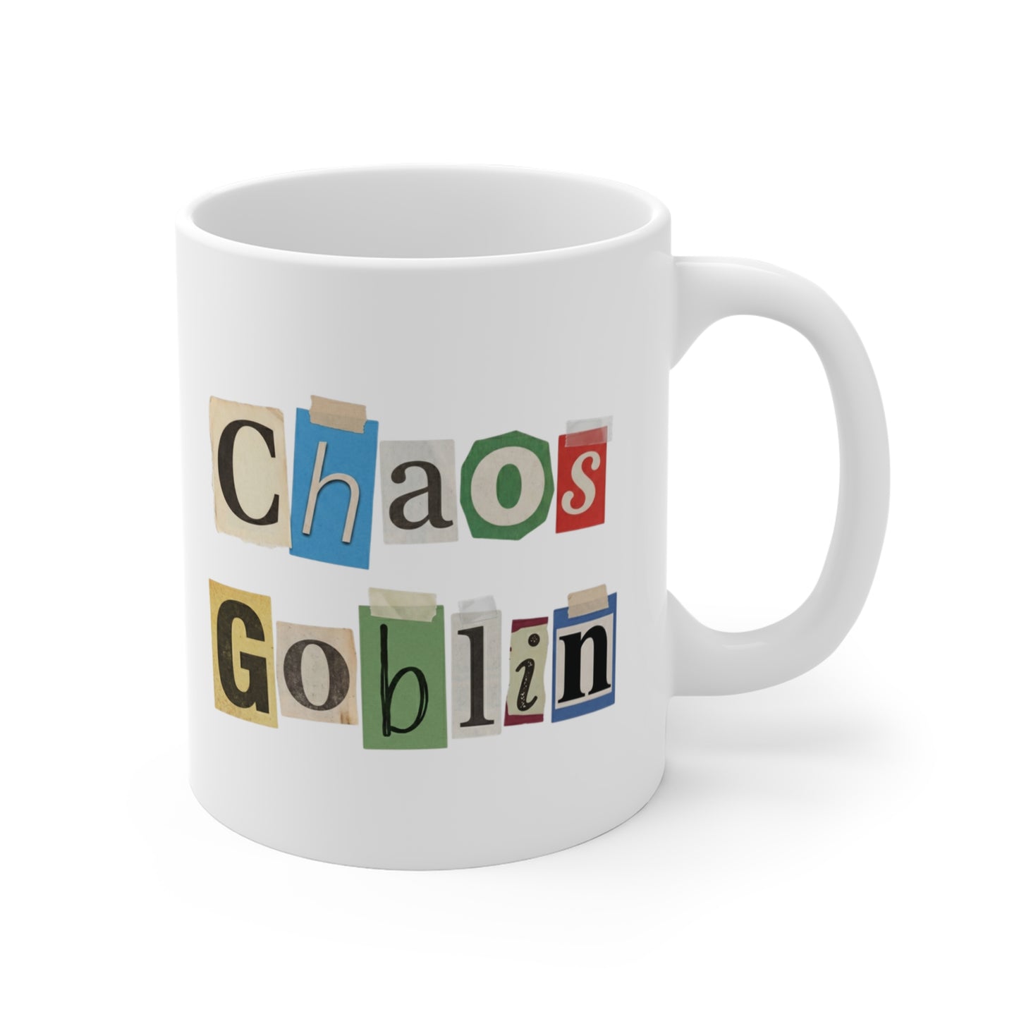 Chaos Goblin Mug — Funny Ransom-Note Style Coffee Cup
