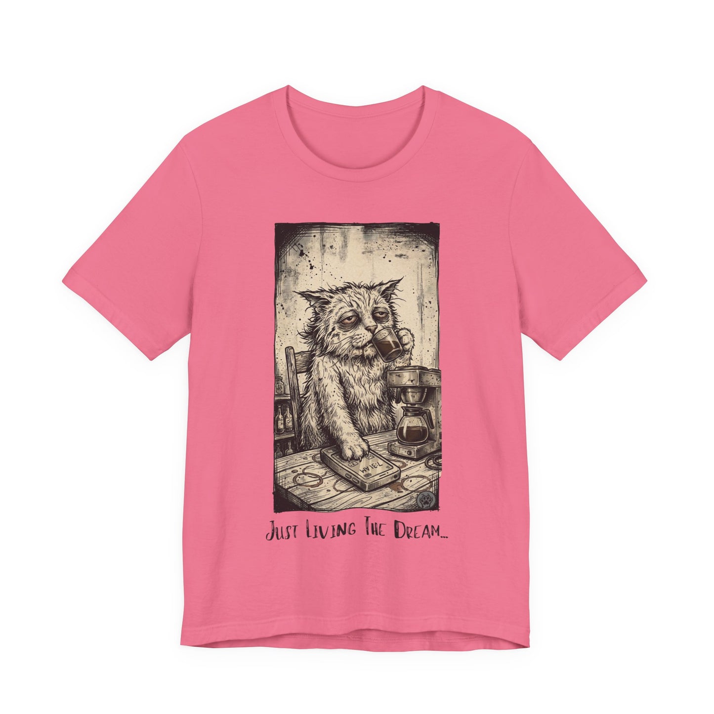 Scraps - Tired Cat Illustration Tee — "Just Living the Dream" Vintage Coffee Cat T-Shirt