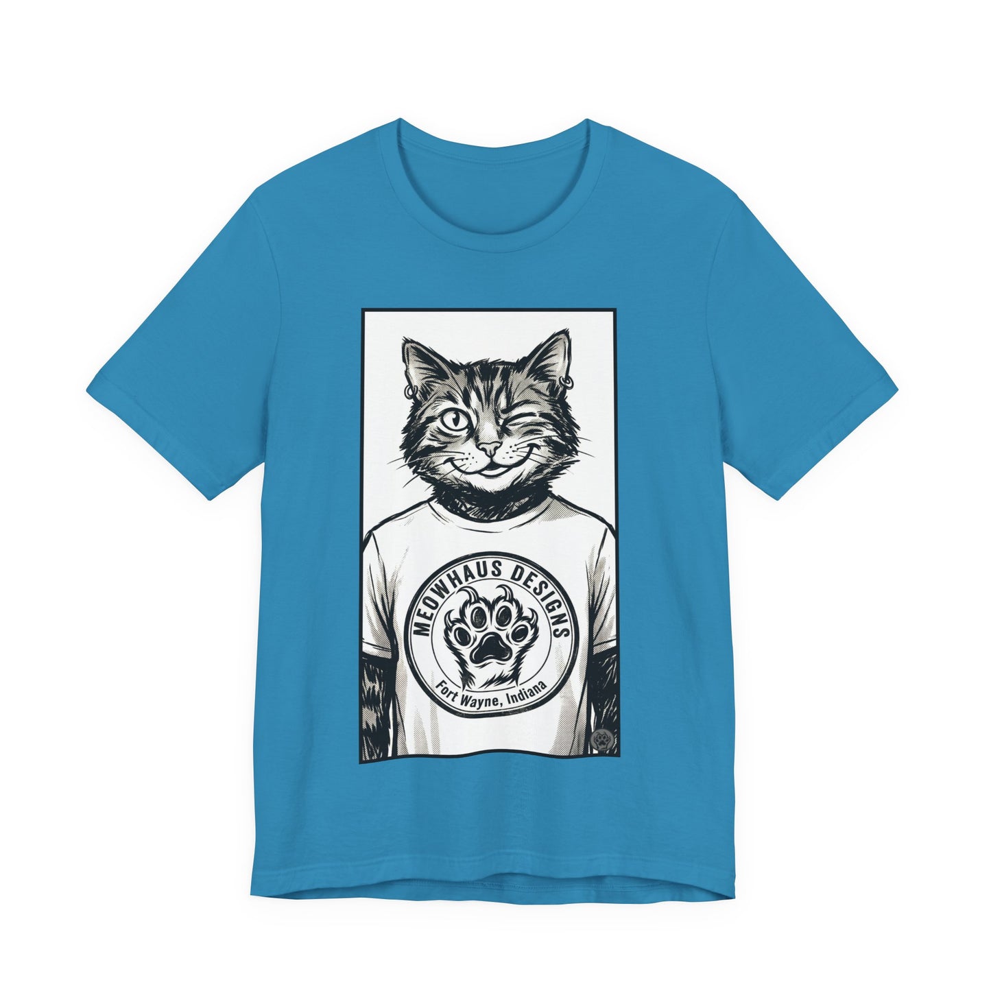 WinkyCat - Wearing the MHD Logo T-Shirt - Cat Portrait T‑Shirt — Retro Graphic Cat Wearing Logo Tee