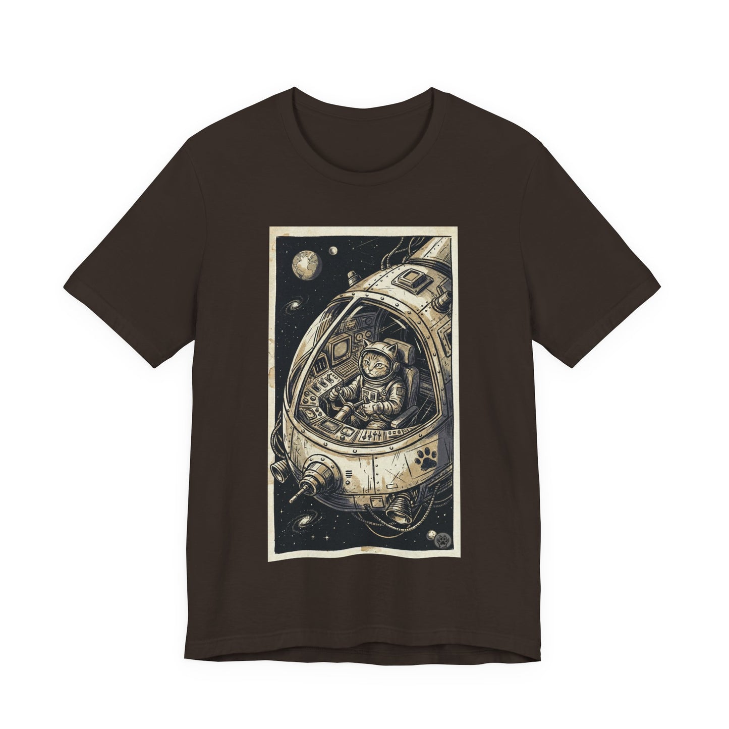 SpaceCat - To The Rescue! - Cat Astronaut in Rocket Capsule Graphic Tee – Vintage Style Space Pilot Illustration