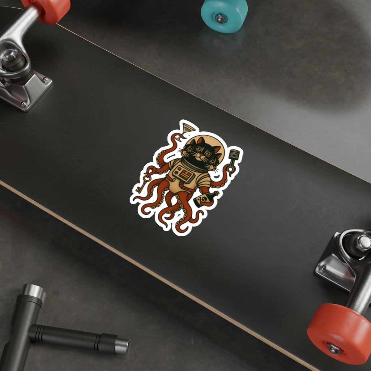 AlienCat Astronaut Vintage Tattoo Design Cat Die-Cut Sticker – Retro Space Kitty with Tentacles
