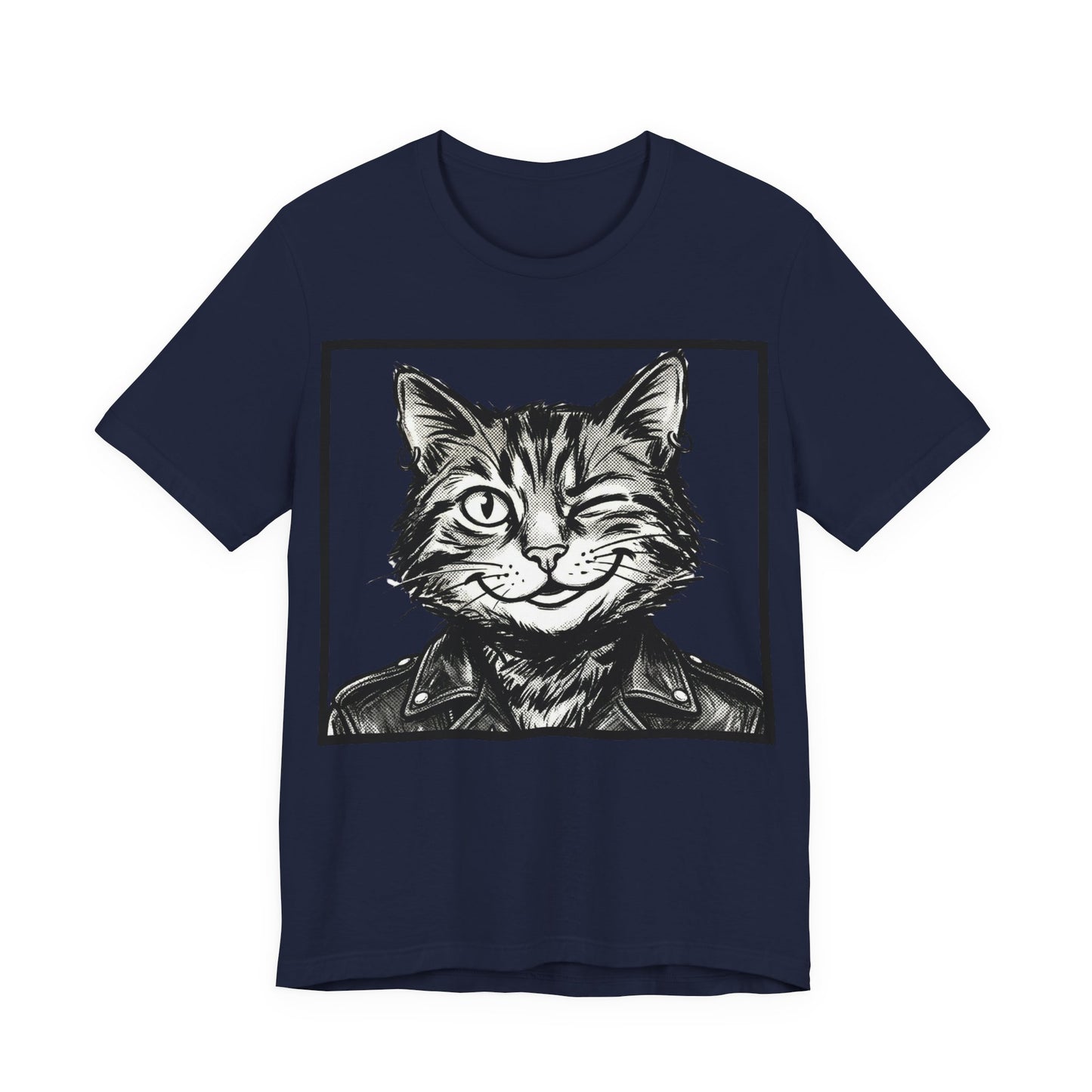 WinkyCat - Leather Jacket (NO Gesture) - Winking Cat Portrait Tee – Retro Rocker Biker Cat Graphic T-Shirt
