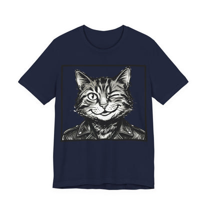WinkyCat - Leather Jacket (NO Gesture) - Winking Cat Portrait Tee – Retro Rocker Biker Cat Graphic T-Shirt