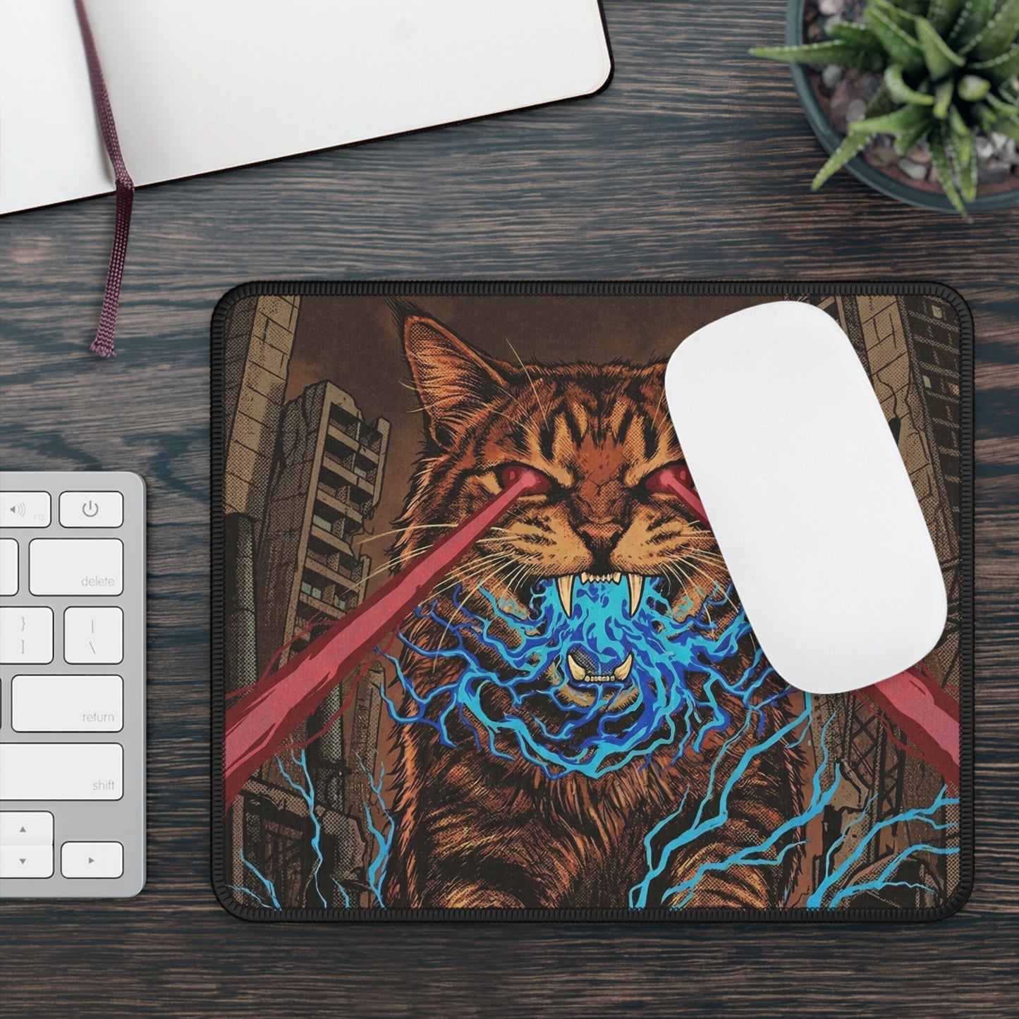 CityCat Attacks! - Red Lasers - Gaming Mouse Pad — Laser-Eyed Cat with Electric Energy