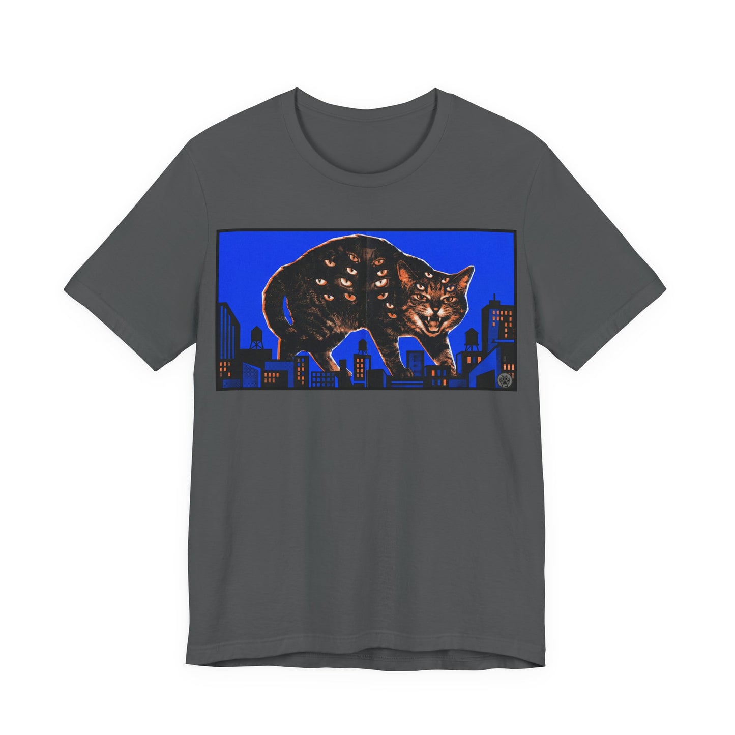 City Cat Attacks! - Blue Horizontal Collage Poster - Black Cat Skyline Tee — Retro Night City Cat Graphic T-Shirt