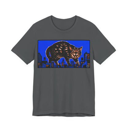 City Cat Attacks! - Blue Horizontal Collage Poster - Black Cat Skyline Tee — Retro Night City Cat Graphic T-Shirt