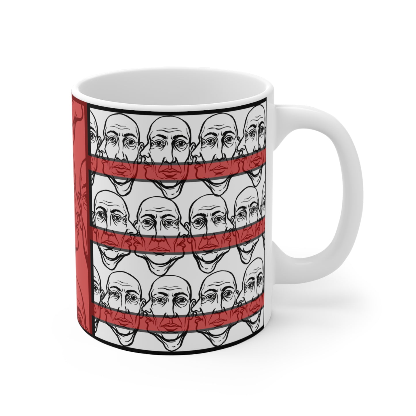 HotGossip - New Design 3 - 11oz Ceramic Mug Ambi Handle — Retro Red Face Pattern Modern Original Art Coffee Cup
