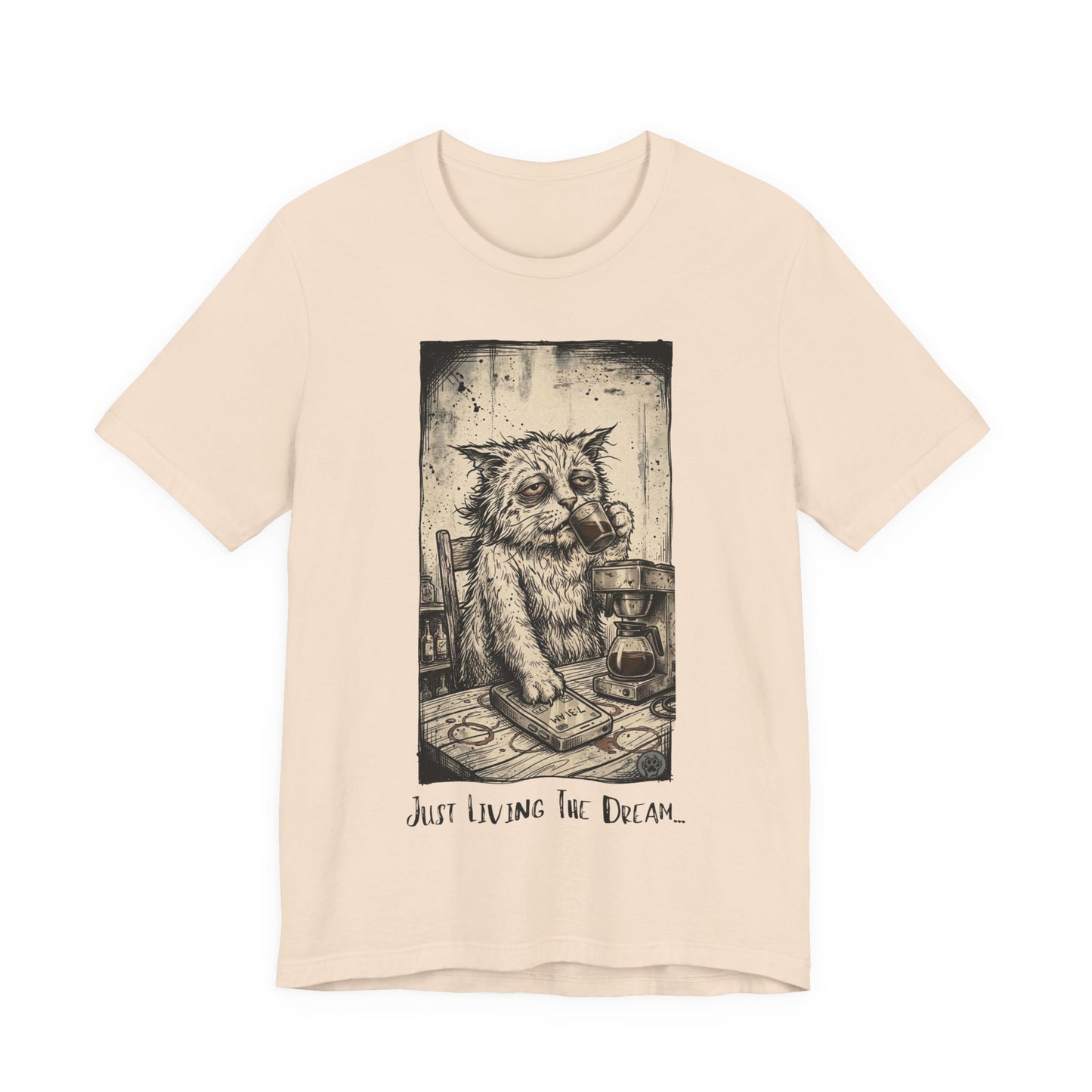 Scraps - Tired Cat Illustration Tee — "Just Living the Dream" Vintage Coffee Cat T-Shirt