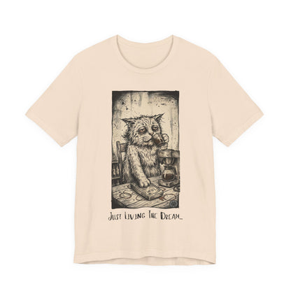 Scraps - Tired Cat Illustration Tee — "Just Living the Dream" Vintage Coffee Cat T-Shirt