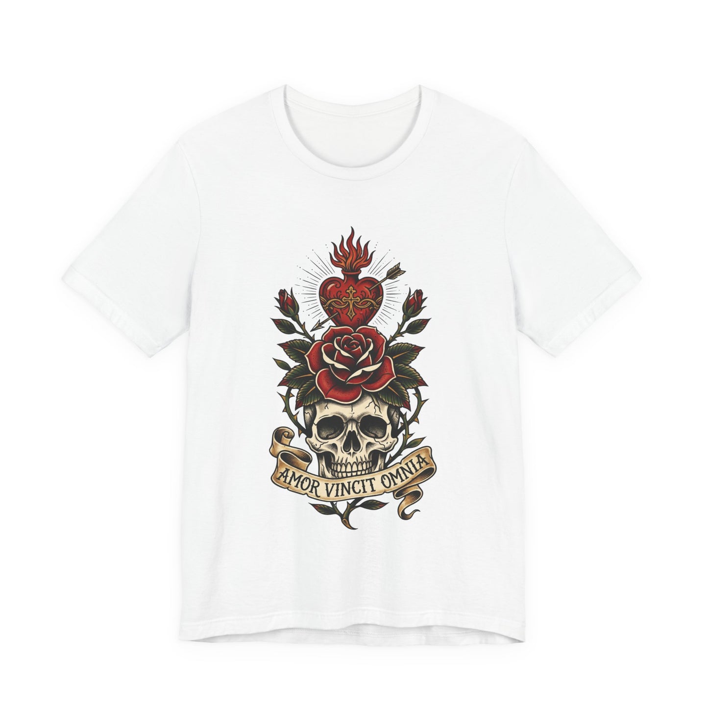 AVO - Tattoo T-Shirt — 'Amor Vincit Omnia' Skull & Rose Sacred Heart Tee