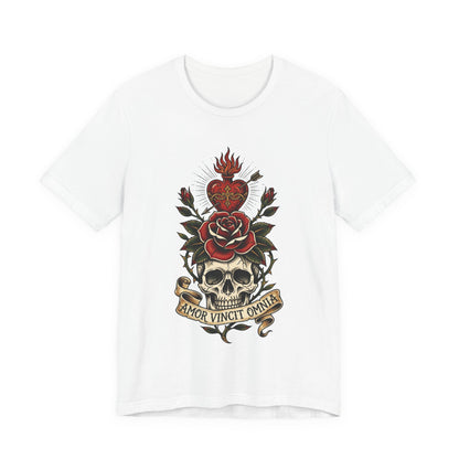 AVO - Tattoo T-Shirt — 'Amor Vincit Omnia' Skull & Rose Sacred Heart Tee