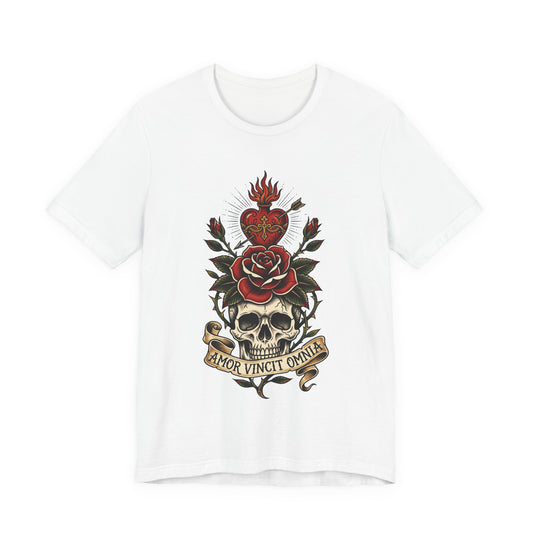 AVO - Tattoo T-Shirt — 'Amor Vincit Omnia' Skull & Rose Sacred Heart Tee