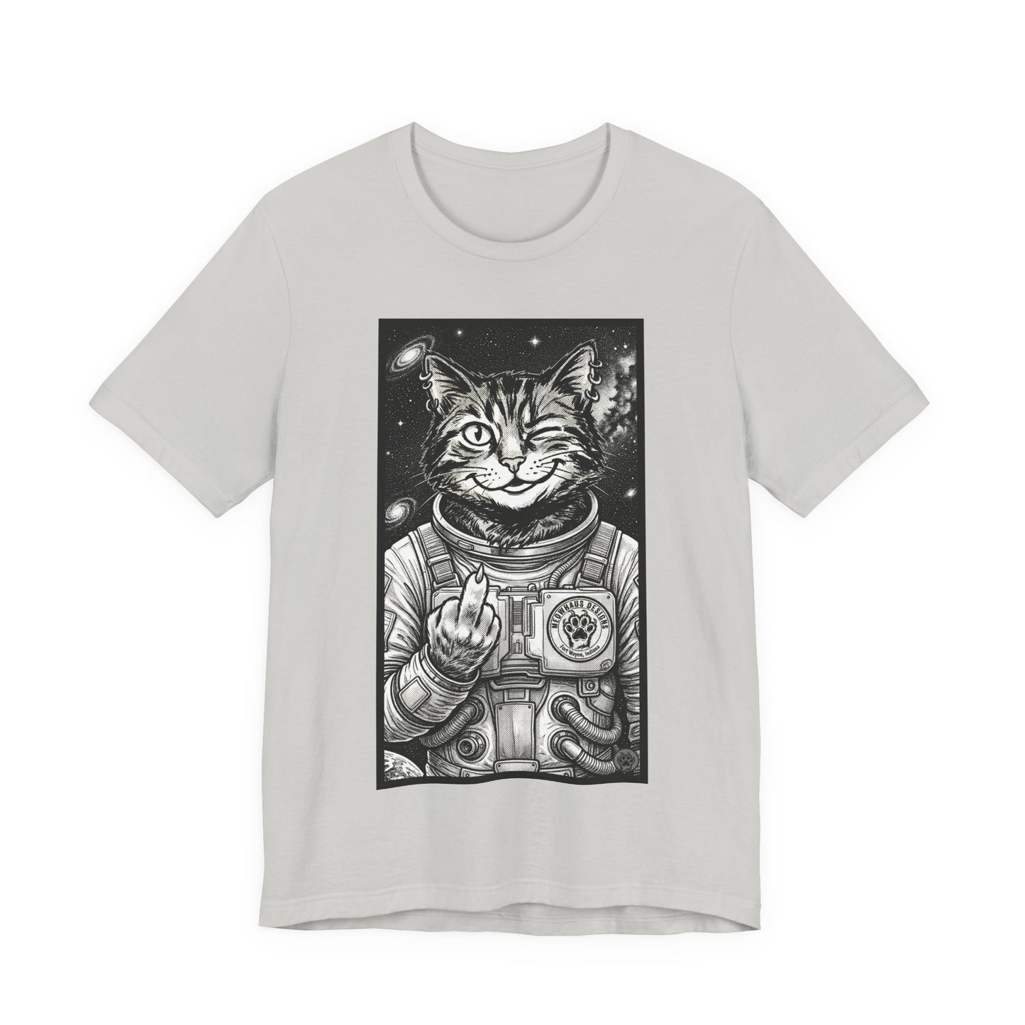 WinkyCat - The Astronaut (Giving Snarky Gesture) Cat Tee — Retro Space Cat Graphic T-Shirt