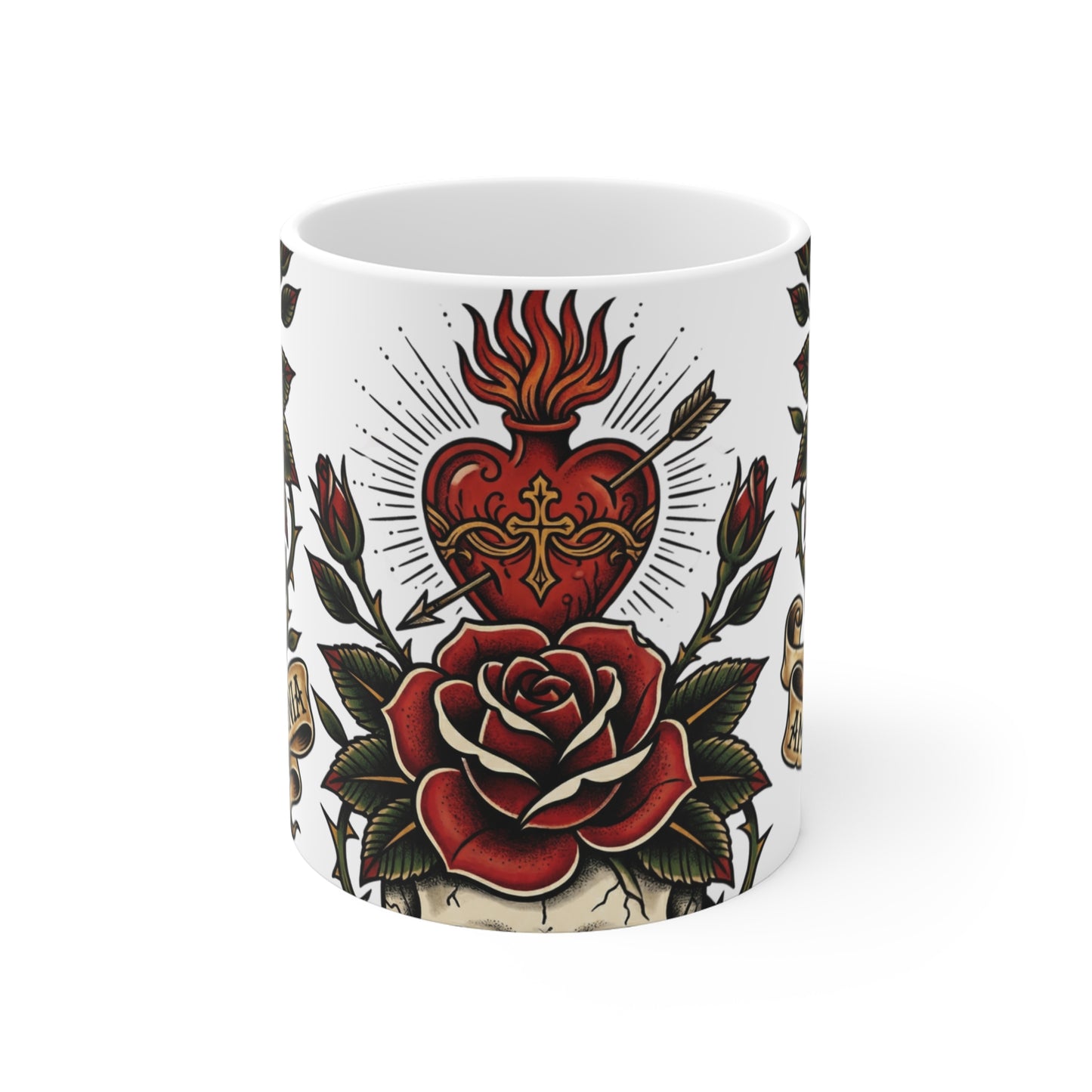 AVO - V1 #1 - 11oz Mug Ambi Handle — Sacred Heart & Skull Tattoo Art with 'Amor Vincit Omnia' Banner