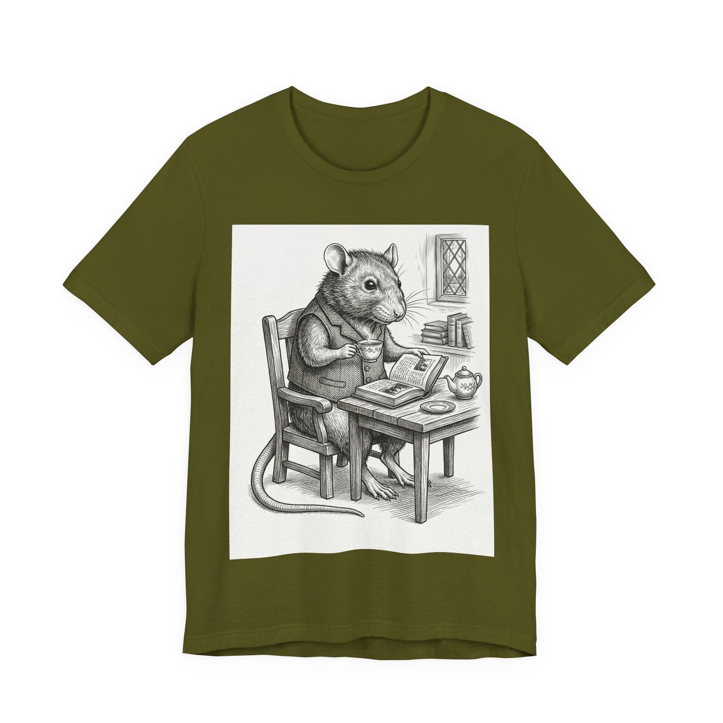 Ratney - "Cup of Tea & A Good Book" - Rodent Scholar T‑Shirt — Vintage Style Illustration of a Reading Rat with Tea