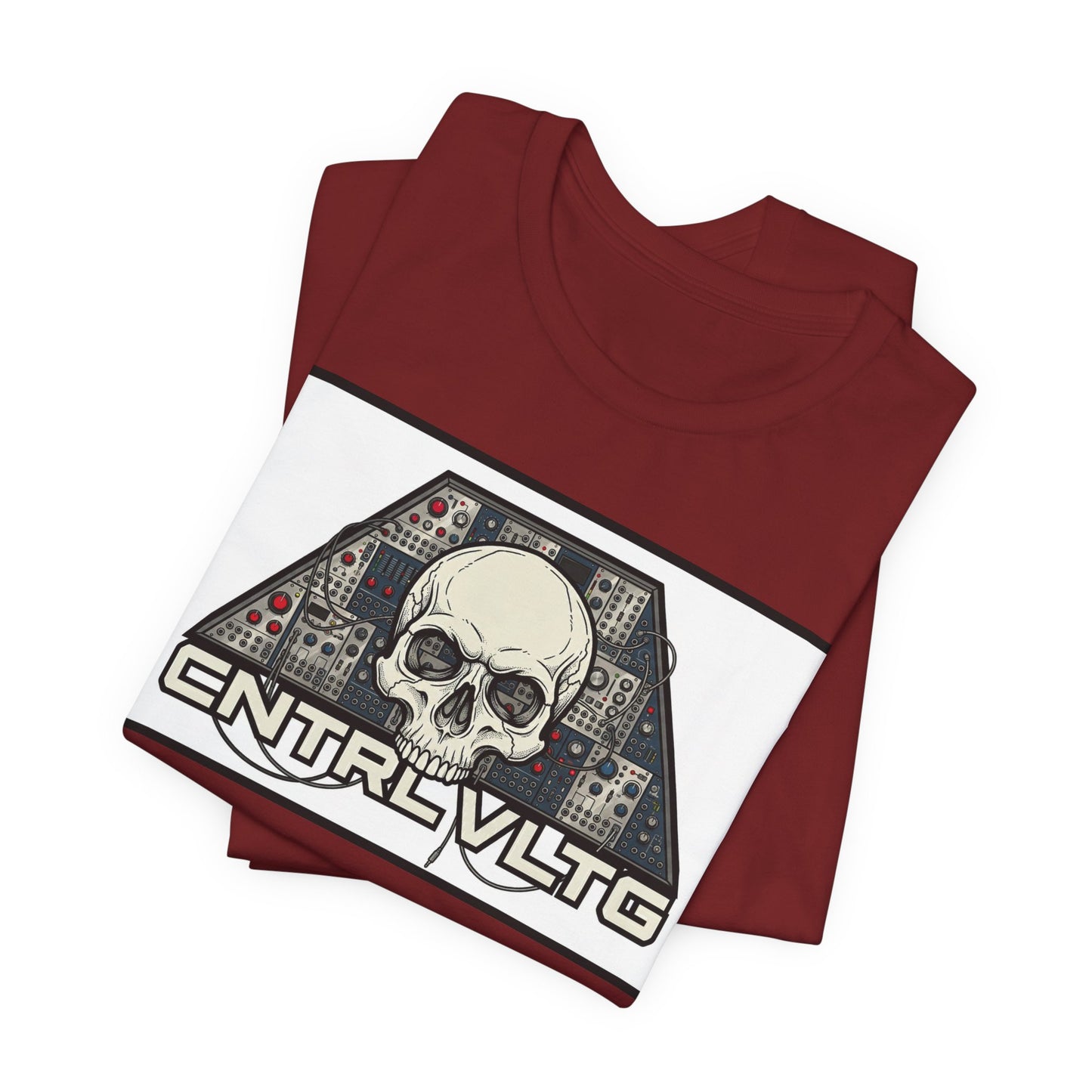 CV Control Voltage = TriBase White - Modular Synth Skull Analog Circuit Tee — “CNTRL VLTG” Retro Tech Graphic T-Shirt