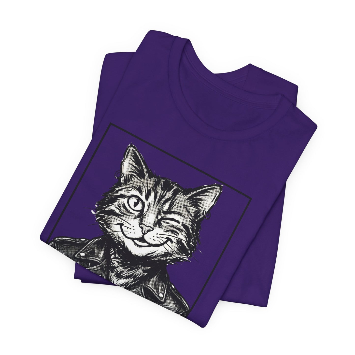 WinkyCat - Leather Jacket & Snarky Gesture - Cat Biker Tee — Grinning Cat in Leather Jacket Graphic T-Shirt