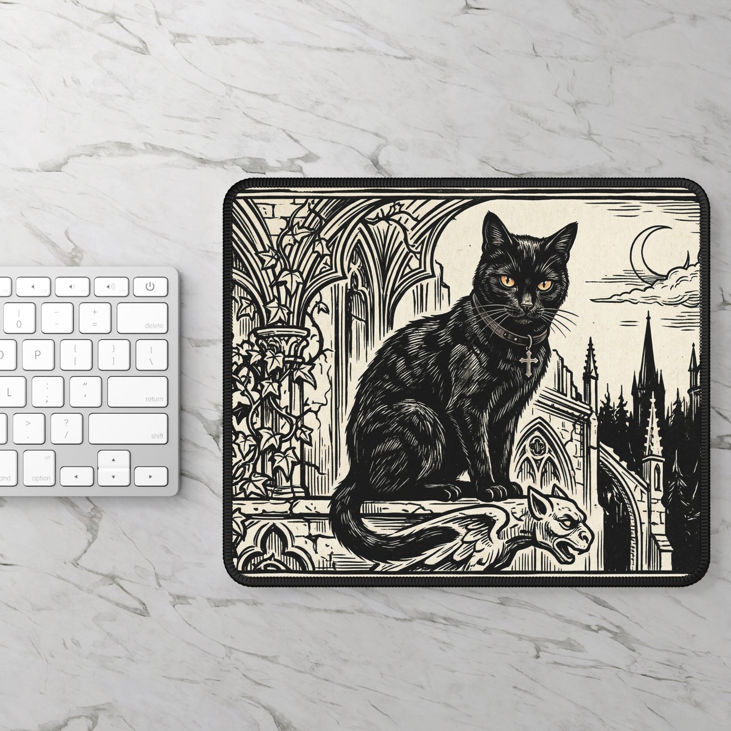 DarkArts - Cat 1 - Black Gothic Cat Gaming Mouse Pad — Vintage Cathedral Horror Desk Mat