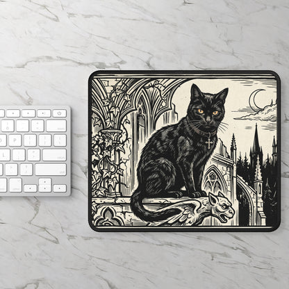DarkArts - Cat 1 - Black Gothic Cat Gaming Mouse Pad — Vintage Cathedral Horror Desk Mat