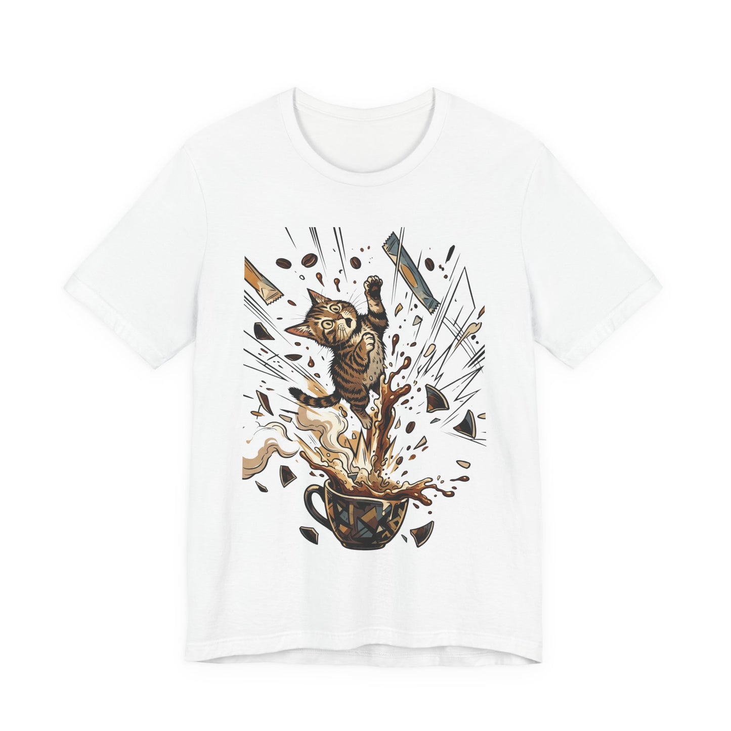 VOID - Cat Jumping Out of Coffee Cup T-Shirt – Exploding Coffee Cat Design