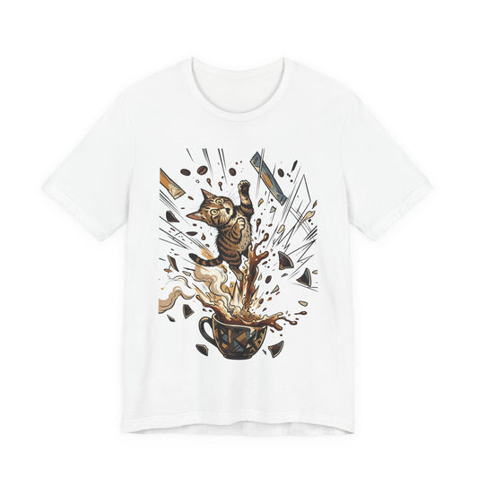 VOID - Cat Jumping Out of Coffee Cup T-Shirt – Exploding Coffee Cat Design