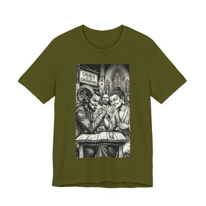Crossroads T-Shirt — Religious Humor Satirical Arm Wrestling Graphic Tee