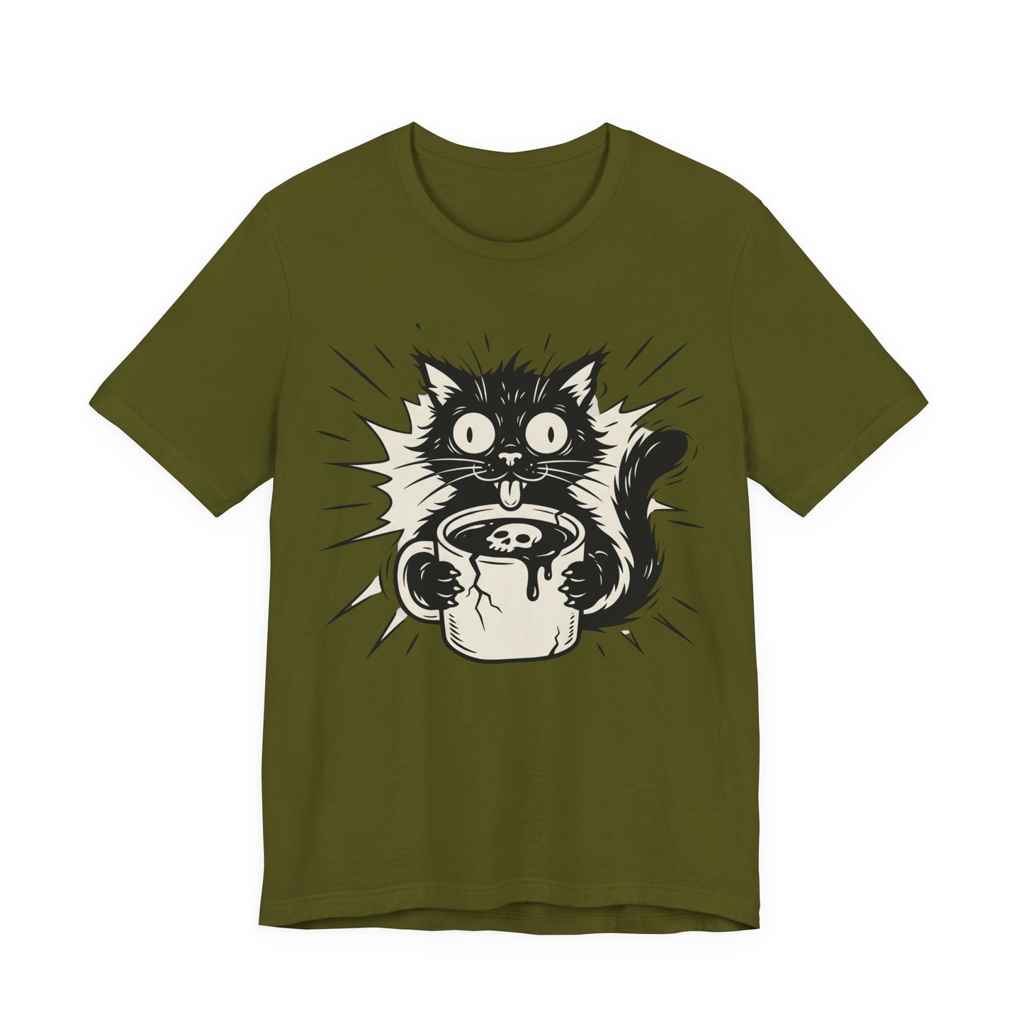 VOID - Cat & Coffee Tee — Cute Crazy Cat Holding Mug Graphic T-Shirt