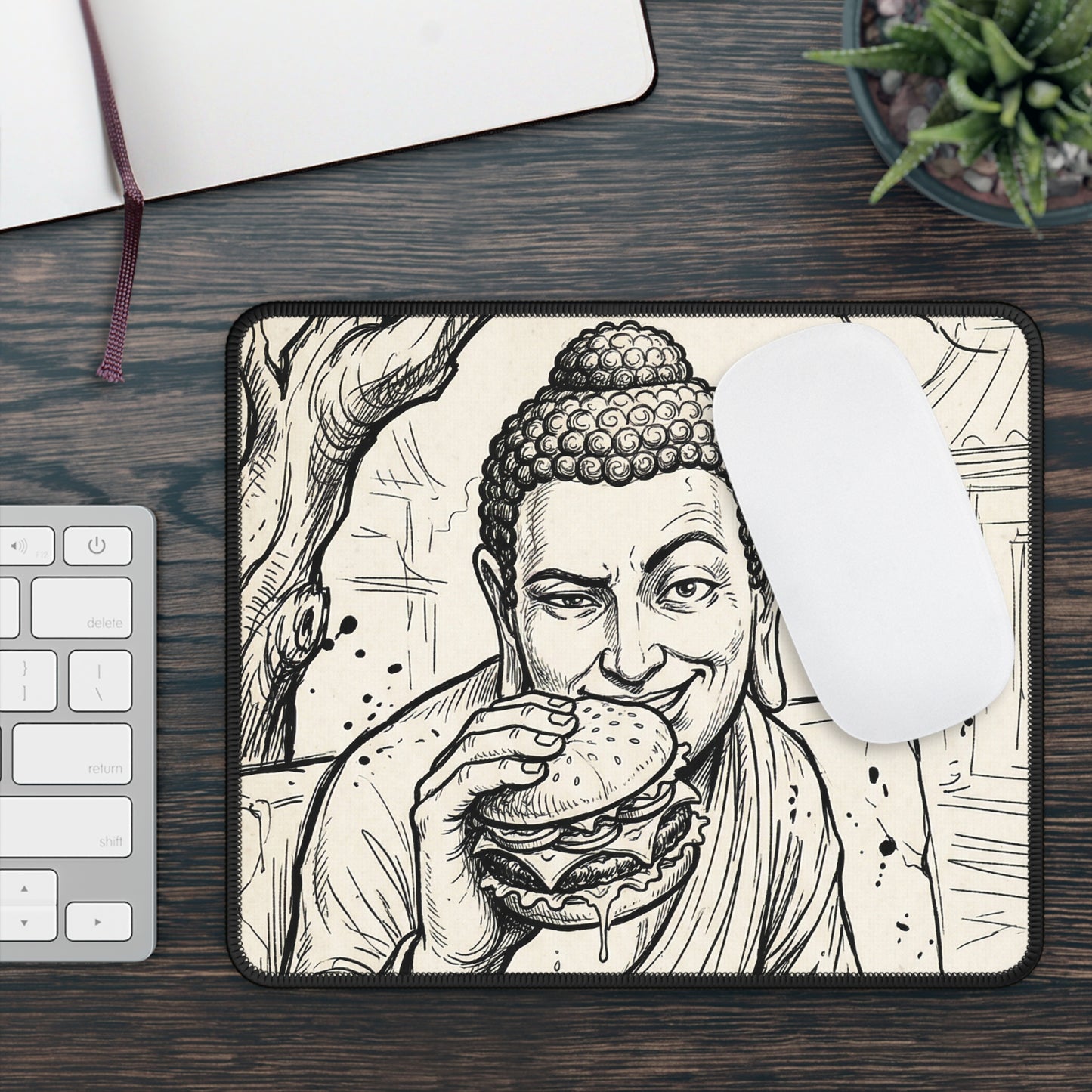 BadBuddha - Cheeseburger - Buddha Eating Burger Gaming Mouse Pad – Quirky Zen Desk Mat