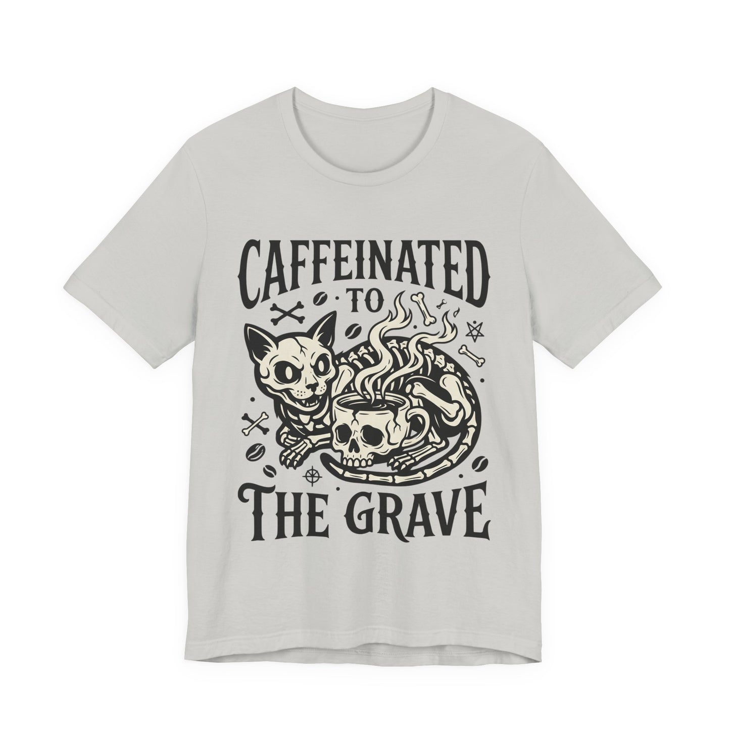 VOID - Caffeinated to the Grave Tee — Gothic Skull & Cat Coffee Shirt