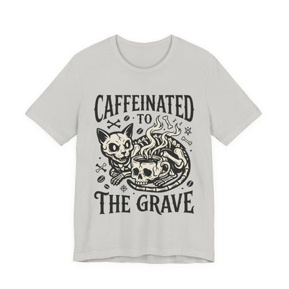 VOID - Caffeinated to the Grave Tee — Gothic Skull & Cat Coffee Shirt