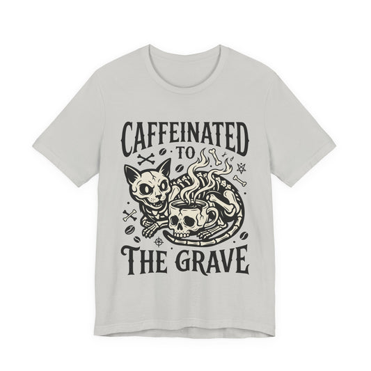 VOID - Caffeinated to the Grave Tee — Gothic Skull & Cat Coffee Shirt