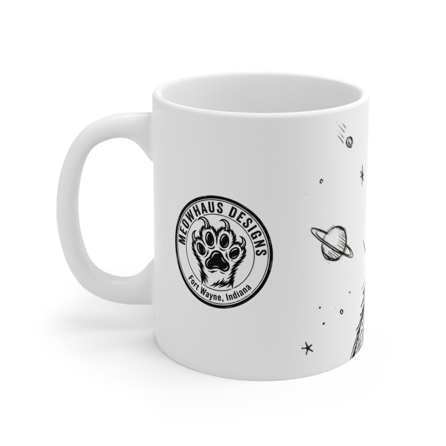 AlienCat In Space! - Big - 11oz Mug Right Handle — Vintage Black & White Astro Cat Coffee Cup