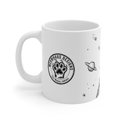 AlienCat In Space! - Big - 11oz Mug Right Handle — Vintage Black & White Astro Cat Coffee Cup