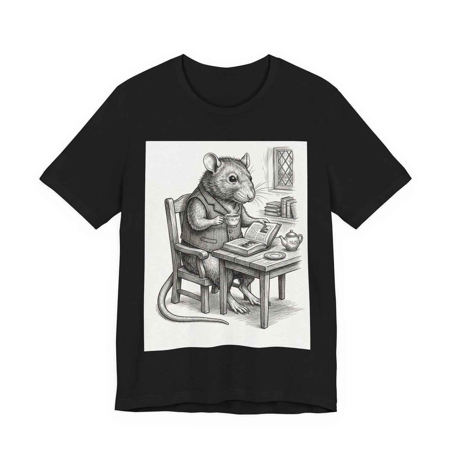 Ratney - "Cup of Tea & A Good Book" - Rodent Scholar T‑Shirt — Vintage Style Illustration of a Reading Rat with Tea