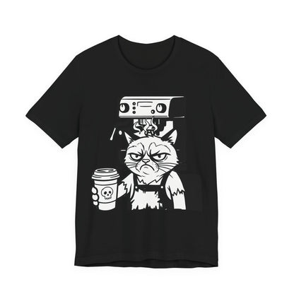 VOID - Annoyed Cat Coffee Tee — Funny Sarcastic Cat Barista Shirt with Coffee & Espresso Machine