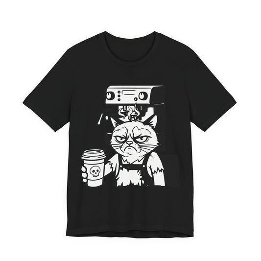 VOID - Annoyed Cat Coffee Tee — Funny Sarcastic Cat Barista Shirt with Coffee & Espresso Machine