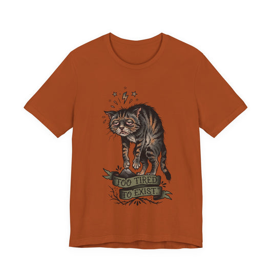 VOID - Too Tired to Exist Cat T‑Shirt — Funny Goth Sleepy Cat Tee