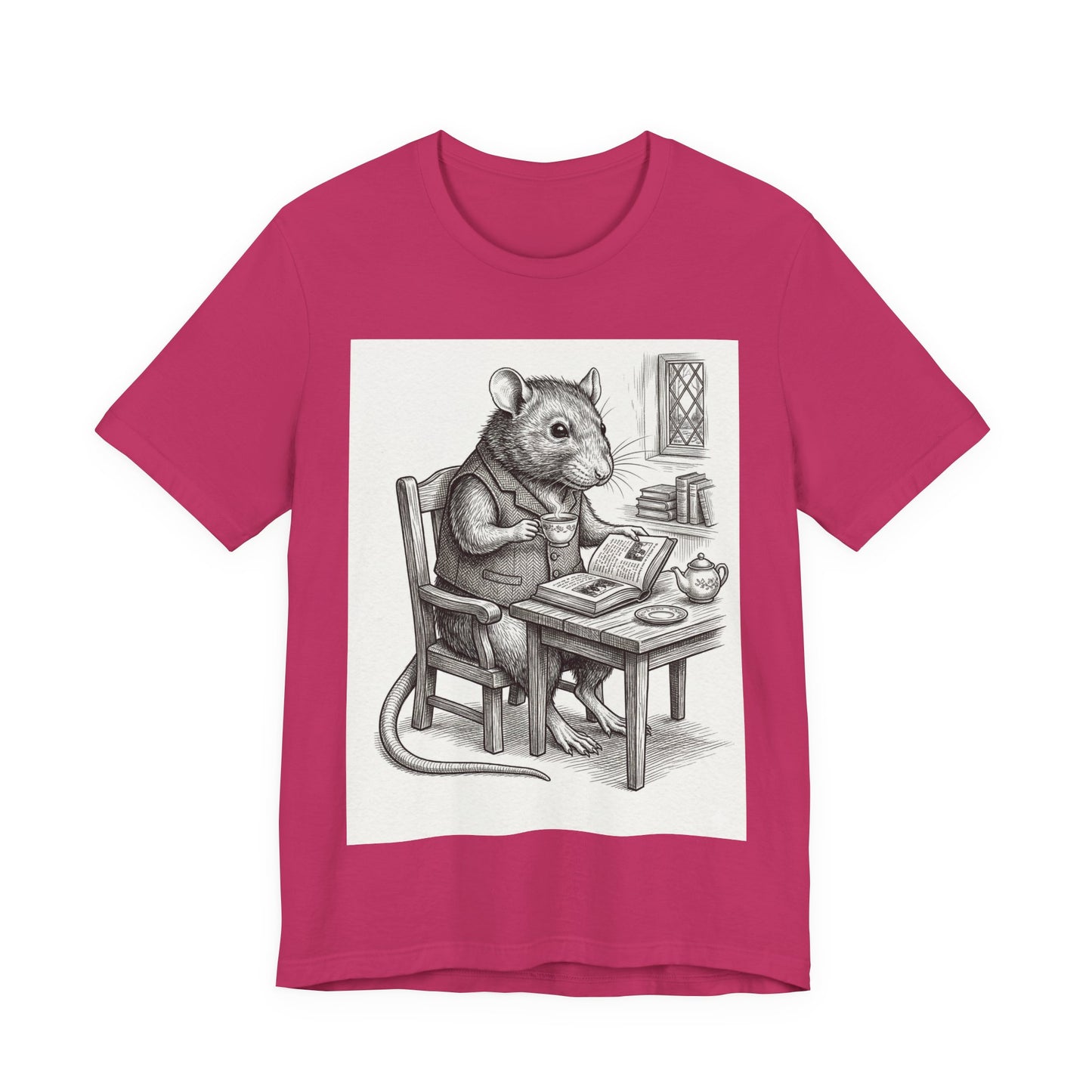 Ratney - "Cup of Tea & A Good Book" - Rodent Scholar T‑Shirt — Vintage Style Illustration of a Reading Rat with Tea