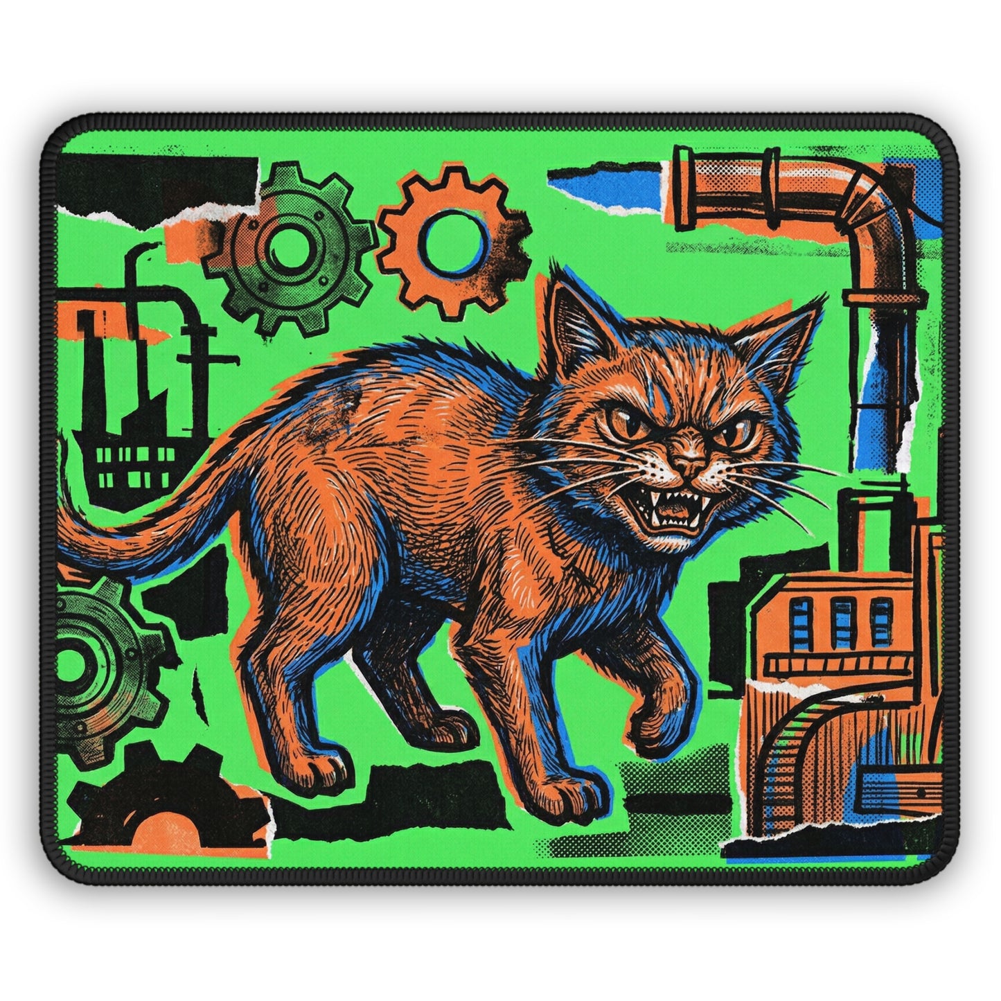 IndustrialCat - Green Collage Poster - Gaming Mouse Pad — Retro Industrial Angry Cat Design