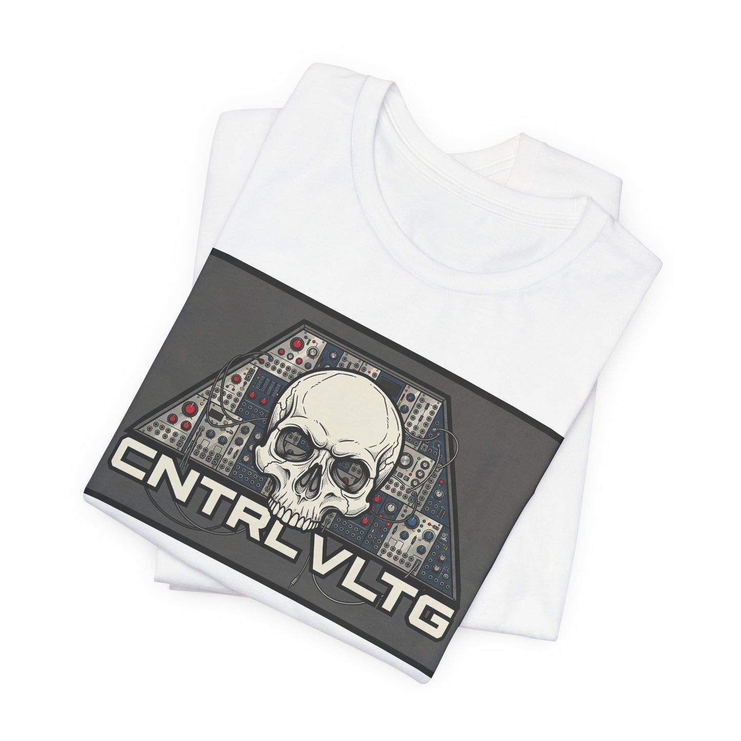 CV Control Voltage - TriBase Grey - Skull Modular Synth Analog Circuit 'CNTRL VLTG' Graphic Tee - Retro Tech Skull T-Shirt