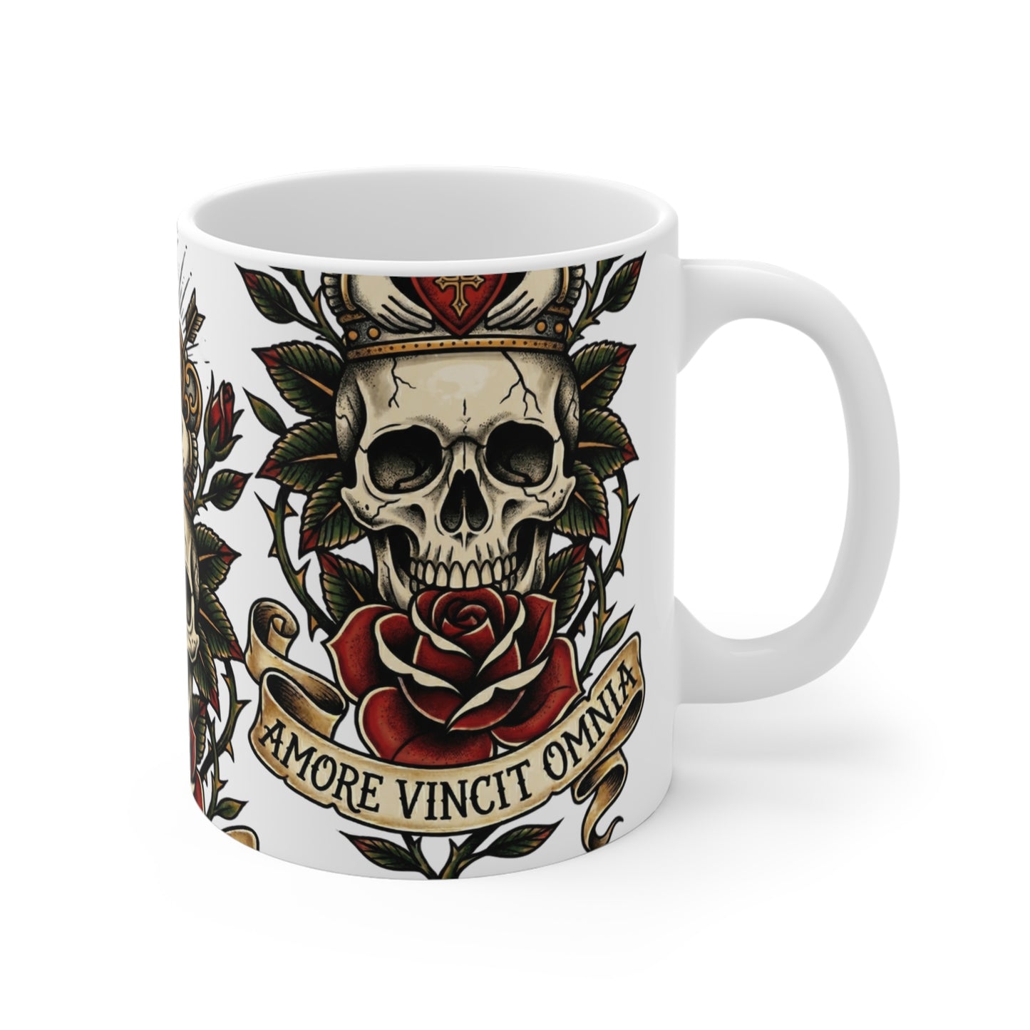AVO - V2 #2 Claddagh Crown - 11oz Mug Ambi Handle - Skull & Rose Ceramic Mug — 'Amor Vincit Omnia' Gothic Tattoo Coffee Cup (11 oz)